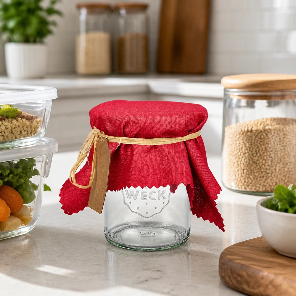 Tissu cache-bijoux bordeaux 15cm carré Couvre-bijoux en tissu bordeaux 15cm sur verre WECK dans la cuisine moderne entre les boîtes à provisions et les récipients à épices