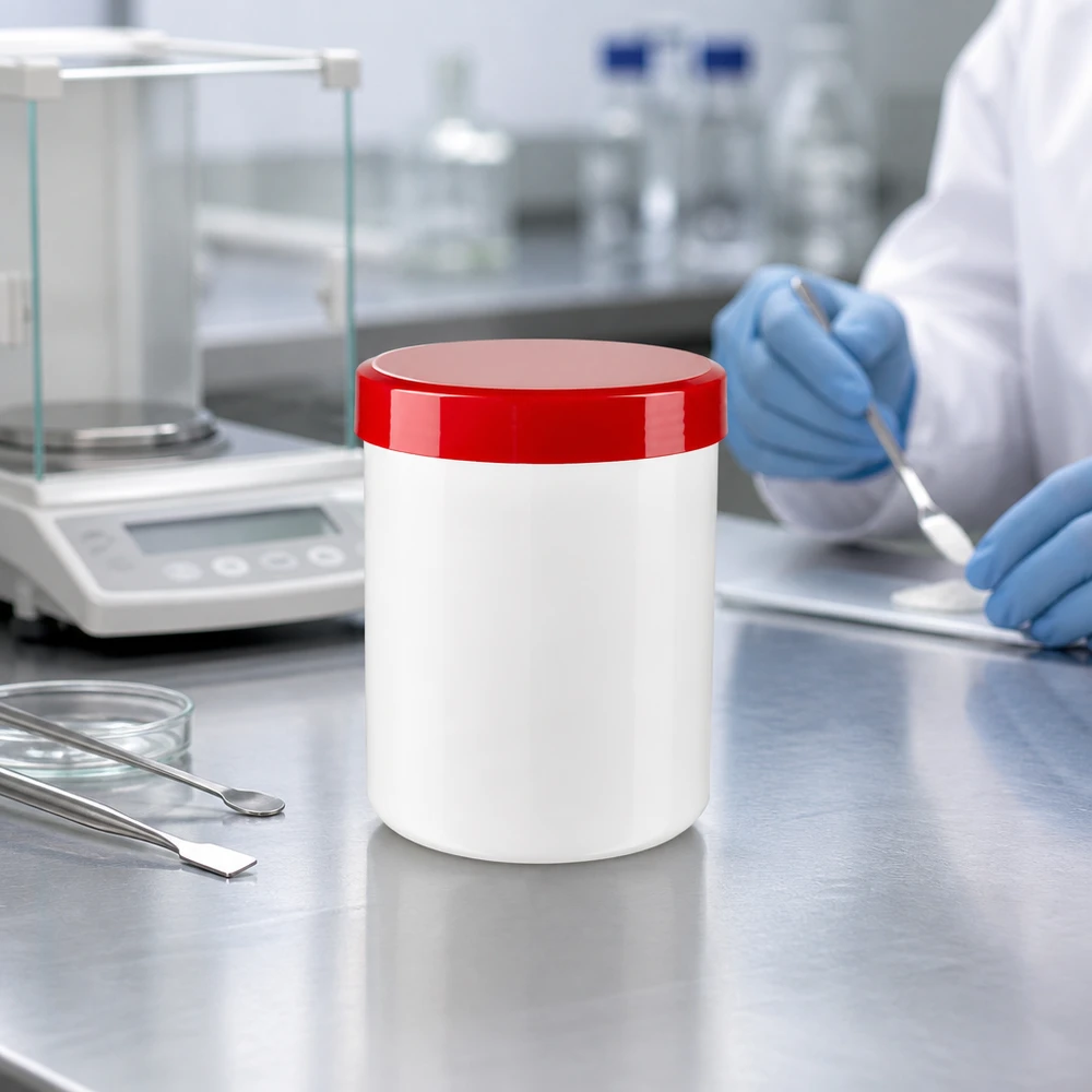 Pot à pommade vide de 300 ml, récipient à col large en PP blanc avec couvercle rouge, environnement de laboratoire