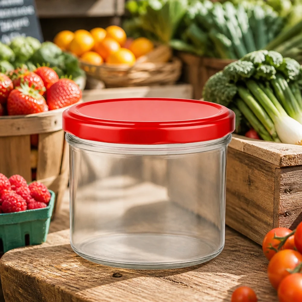 230ml Verre cylindrique avec couvercle BasicSeal rouge UNiTWIST Pot cylindrique 230ml avec couvercle rouge vide sur table en bois entouré de fruits et légumes frais du marché