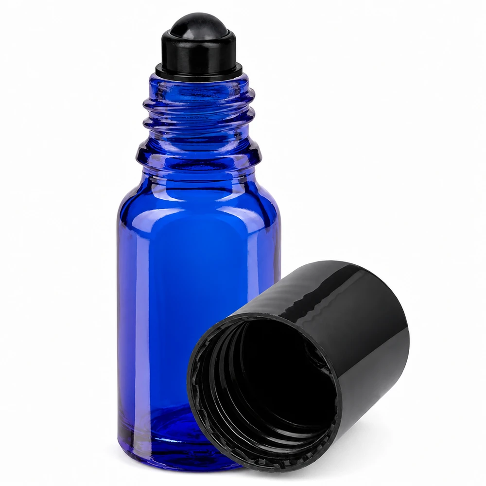 Flacon de déodorant en verre bleu 10 ml, déo à bille vide Flacon en verre bleu cobalt de 10 ml avec applicateur à bille noir pour huiles essentielles et parfums