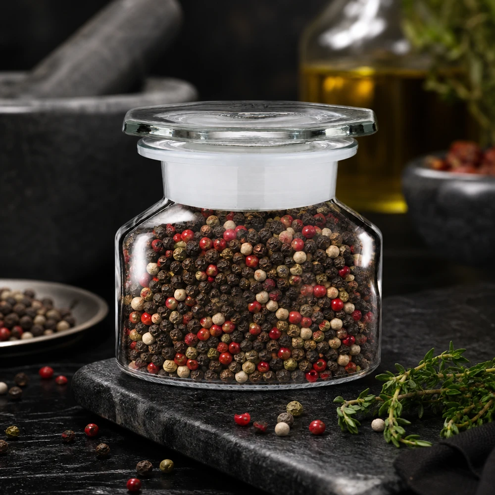 Idée de pot à épices : flacon à col large et conique 50 ml en verre clair + bouchon de verre Pot à épices bombé en verre transparent de 50 ml, contenant des grains de poivre colorés, avec un mortier en arrière-plan