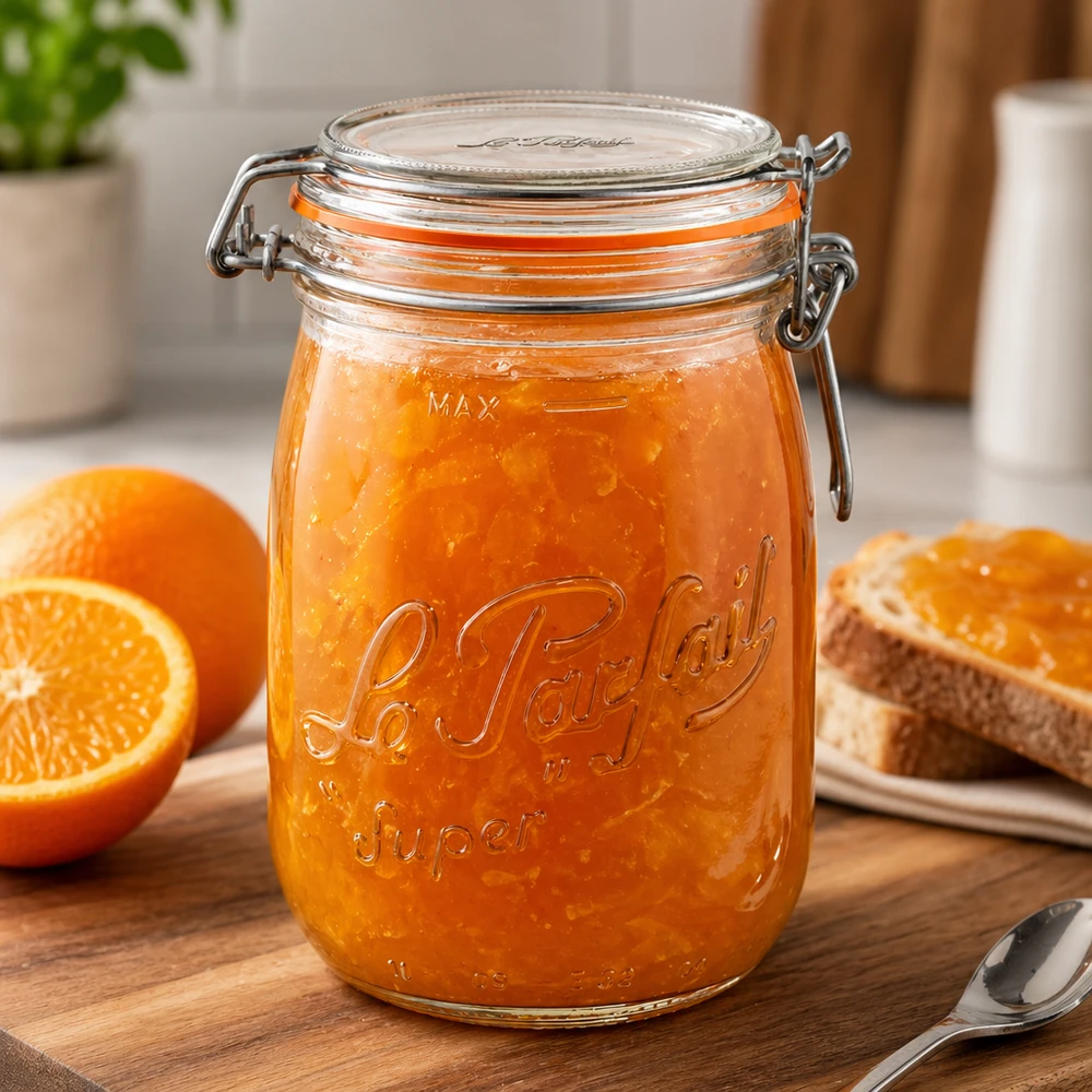 1000ml Le Parfait Super Pot à provisions avec fermeture à étrier rempli de marmelade d'orange sur planche en bois avec des oranges