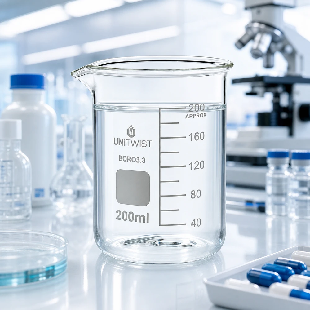 Bécher 200ml borosilicate, forme basse UNiTWIST Bécher UNiTWIST de 200 ml en verre borosilicaté 3.3 résistant aux produits chimiques, destiné à un usage en laboratoire