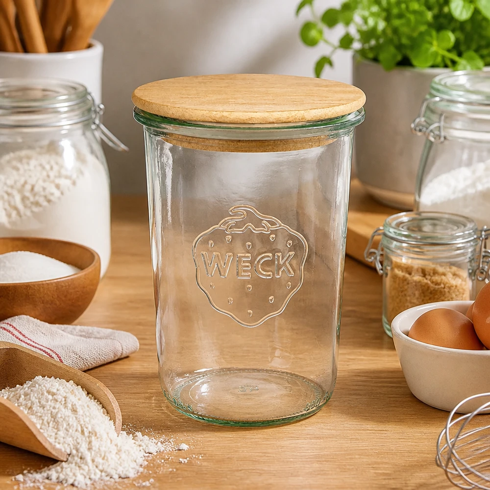 850ml bocal conique WECK RR100 avec couvercle en bois WECK Pot renversé 850ml RR100 Couvercle en bois Cuisine Ingrédients de boulangerie Farine Oeufs Ustensiles de cuisine Matériaux naturels