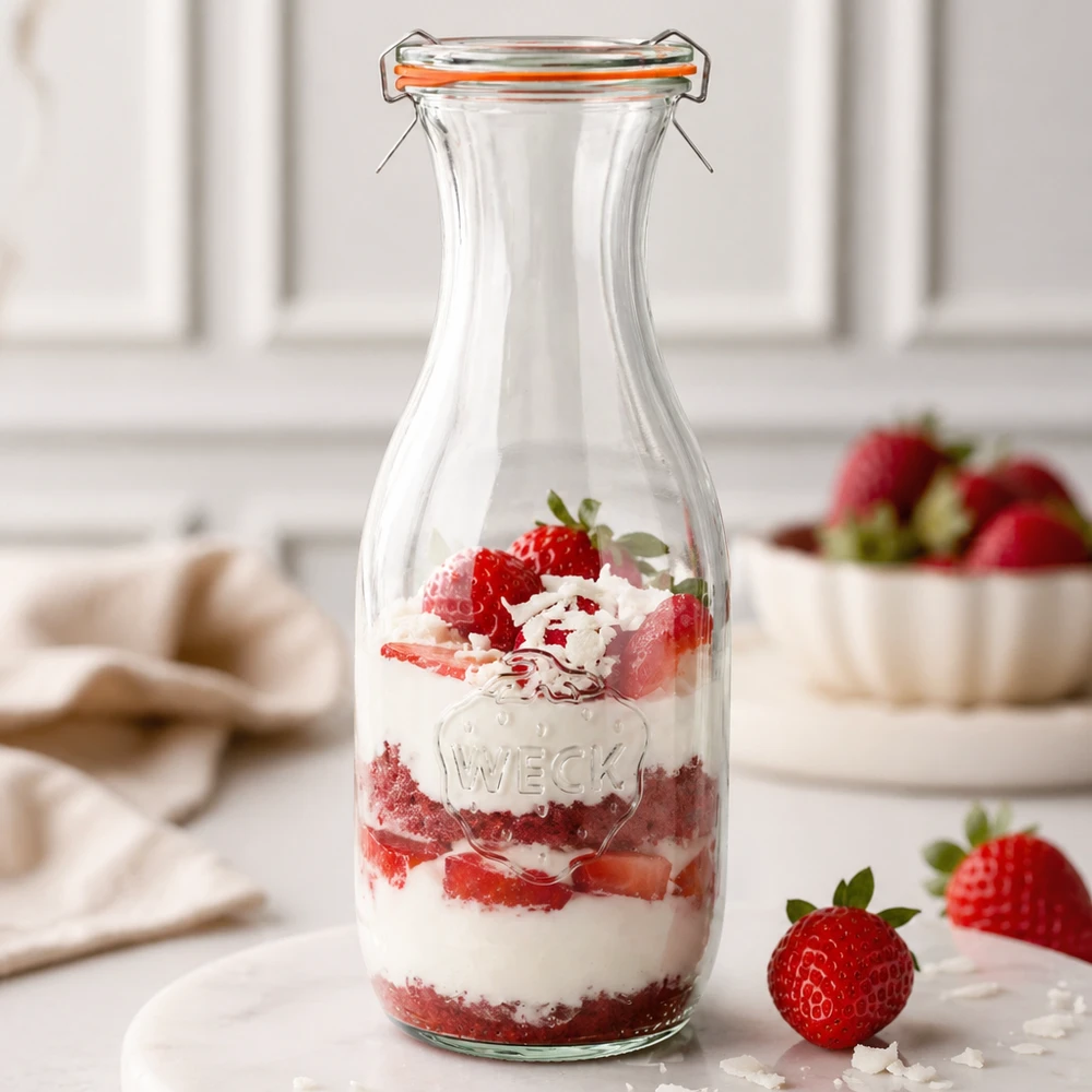 Bouteille à jus de 1 062 ml, ensemble complet WECK RR60 WECK Bouteille de jus de fruits 1062ml RR60 comme verre à dessert rempli de couches de fraises à la crème fond blanc de cuisine