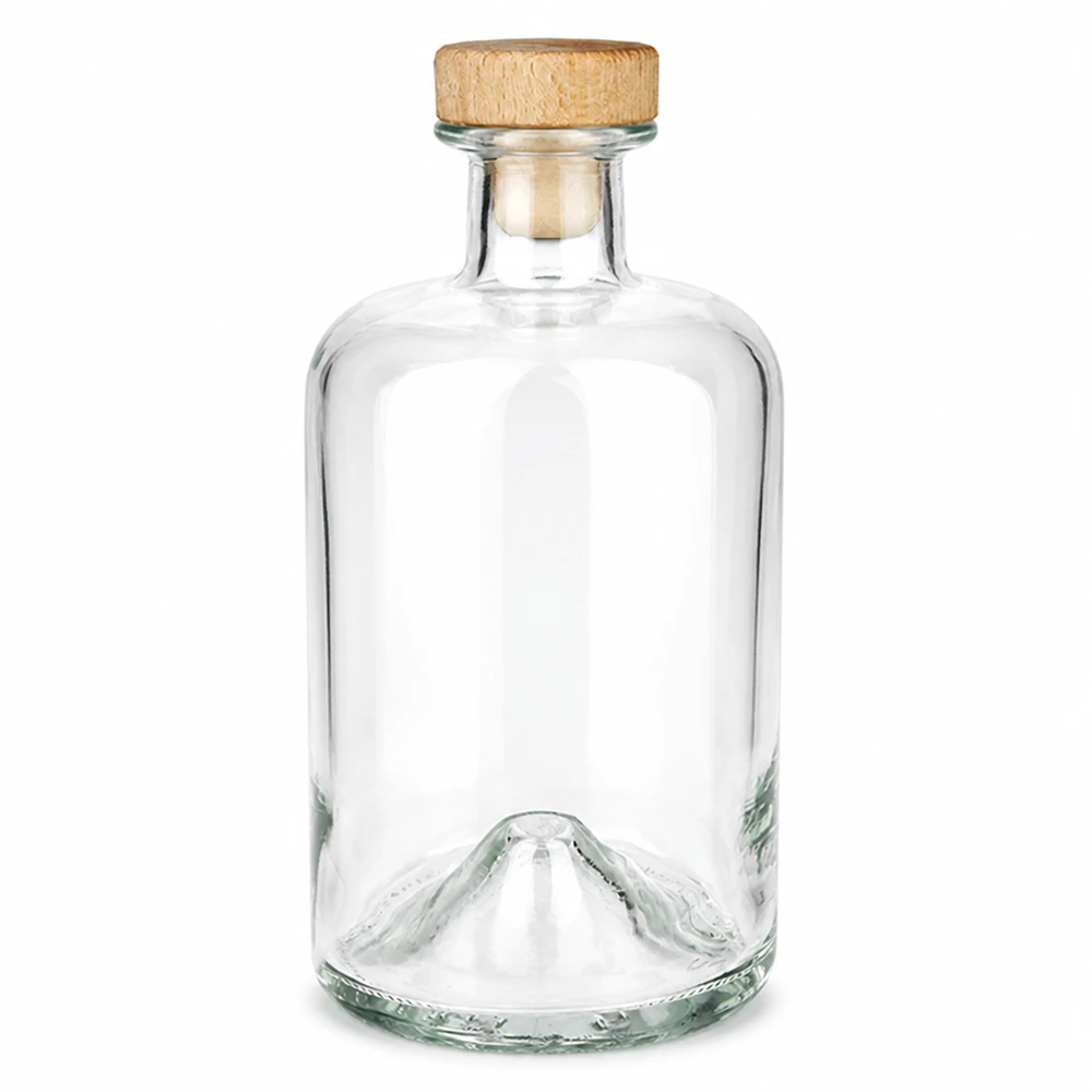 Flacon à pharmacie 500 ml « Sofia » avec bouchon en bois UNiTWIST® Bouteille en verre Sofia de 500ml avec bouchon à poignée en bois UNiTWIST transparent vide Photo du produit sur fond blanc