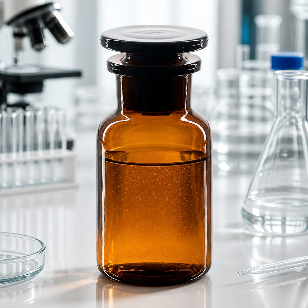 Flacon pharmaceutique 100 ml col large + bouchon verre ambré Flacon en verre brun de 100 ml, à épaulement arrondi et à col large, pour une conservation sûre des liquides