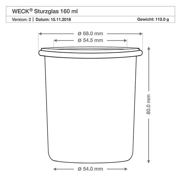 36 pots en verre Weck de 160 ml avec 36 couvercles en verre Dessin technique WECK 160ml verre renversé RR60 avec dimensions - diamètre 68mm, hauteur 80mm, poids 112g
