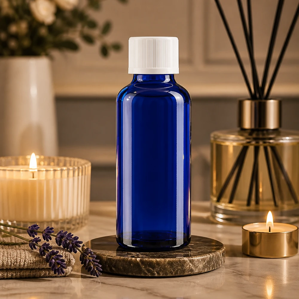 Flacon à pharmacie bleu 30ml bouchon anti-goutte blanc séc. enf. std Flacon en verre bleu de 30 ml muni d'un compte-gouttes, posé sur une pierre de marbre à côté d'un diffuseur à bâtonnets doré et de bougies chauffe-plat