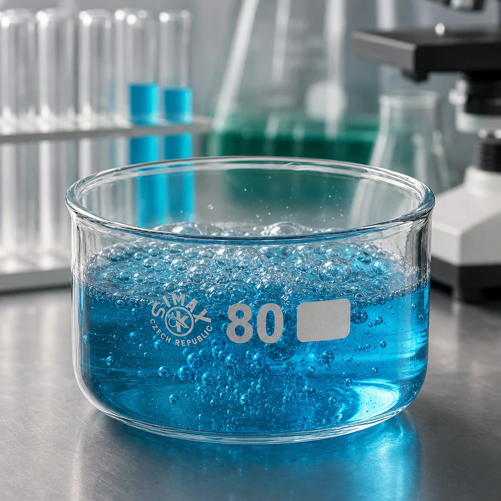 Solution bleue réactive dans un bac de laboratoire plat sans bec verseur, 150 ml, ø 80 mm, SIMAX
