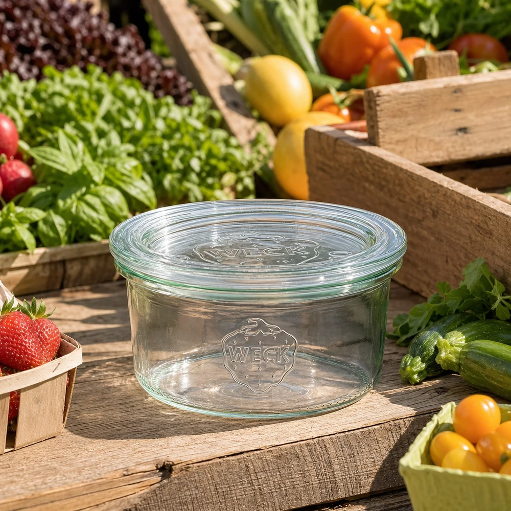 WECK Pot renversé 165ml RR80 vide avec couvercle en verre entre des fruits et légumes frais sur une table en bois rustique