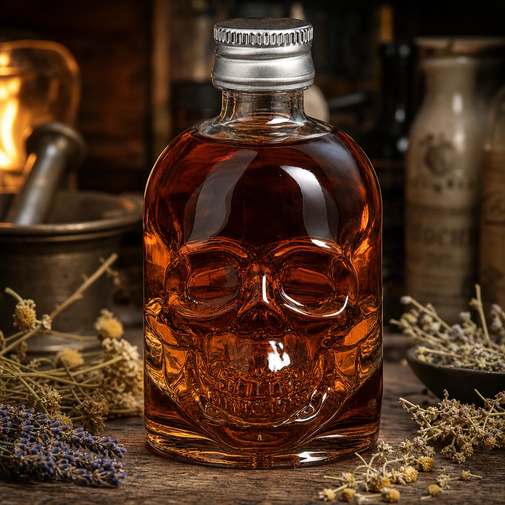 Bouteille en verre Hector de 50 ml contenant un liquide ambré parmi des herbes et des épices dans une atmosphère d'apothicaire.