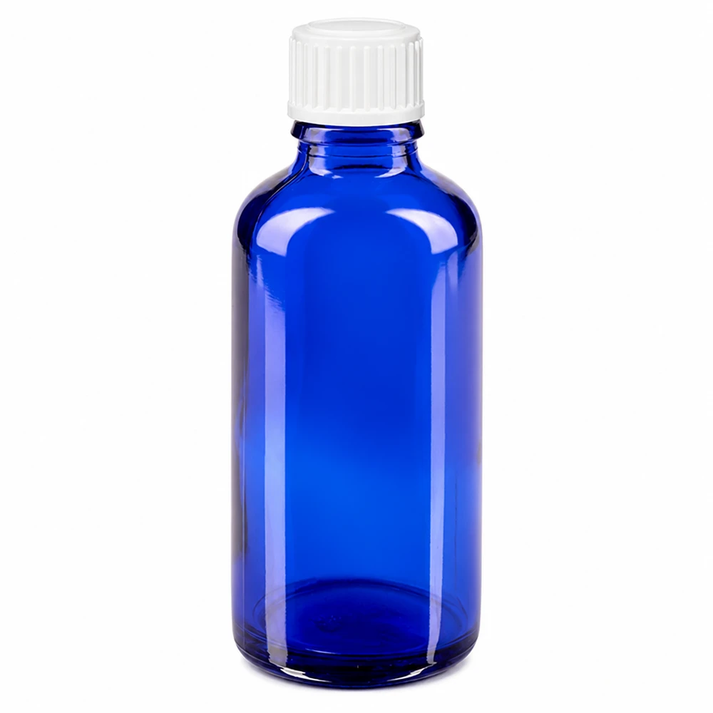 Flacon de pharmacie bleu 50ml bouchon vissable blanc standard Flacon en verre bleu de 50 ml, format pharmacie, avec bouchon blanc standard