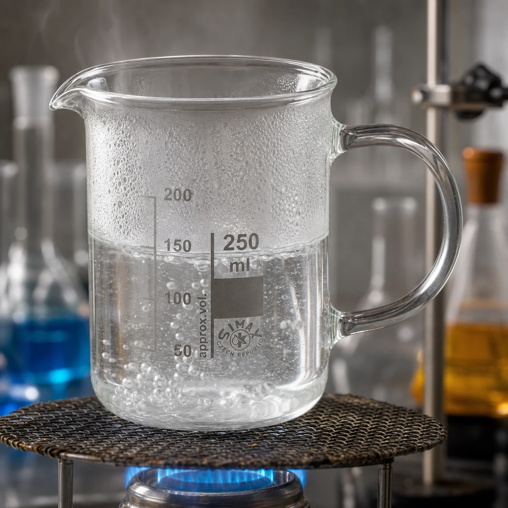 Bécher avec poignée 250ml en verre borosilicate résistant à la chaleur (forme normale) Verre à bec de 250 ml en verre borosilicaté, muni d'une anse et présentant des bulles visibles lorsqu'il est chauffé