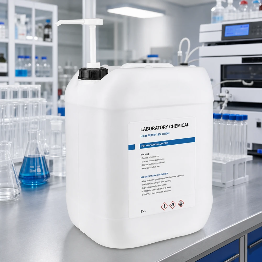 Grand bidon rectangulaire blanc de 20 litres avec pompe-distributeur dans un environnement de laboratoire moderne
