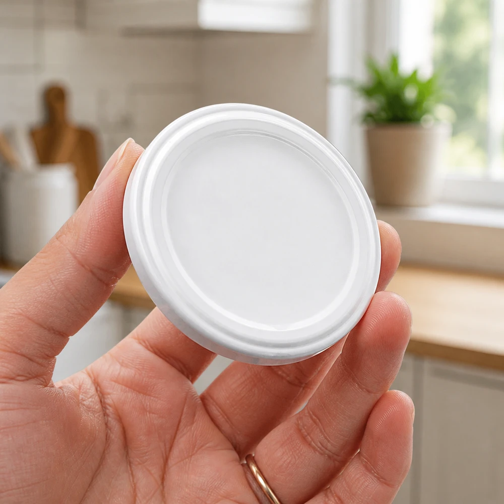 63mm Bouchon BioSeal blanc (TO63) UNiTWIST Couvercle blanc rond TO63 BioSeal sans BPA ni NI – Gros plan sur la structure du bord, filetage visible