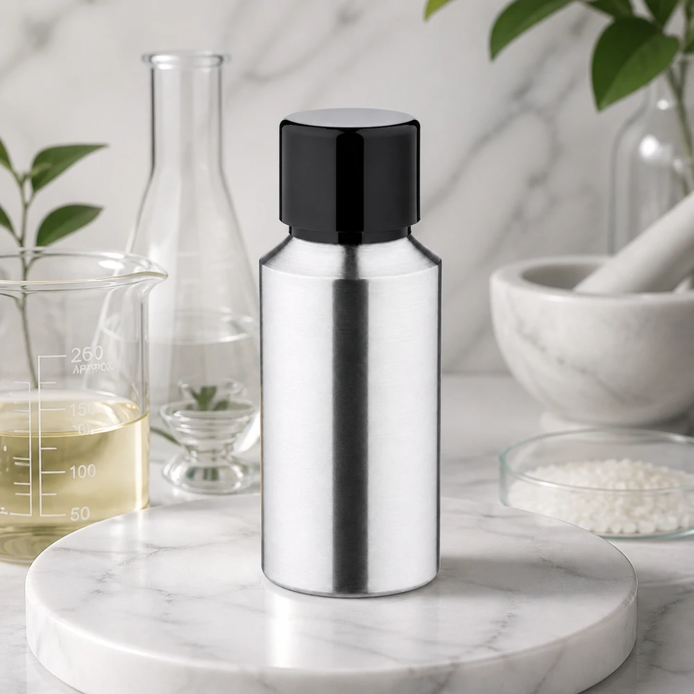 Bouteille en aluminium poncé 30 ml, avec bouchon à vis noir et joint conique Flacon compact de 30ml en aluminium rodé pour une conservation sûre des liquides