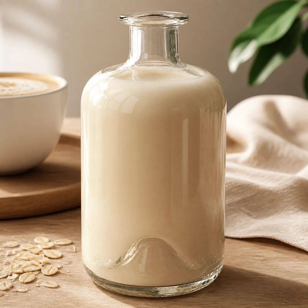 Bouteille de pharmacie Luna 500ml remplie de lait d'avoine crémeux à côté d'une tasse de café et de flocons d'avoine sur une table en bois