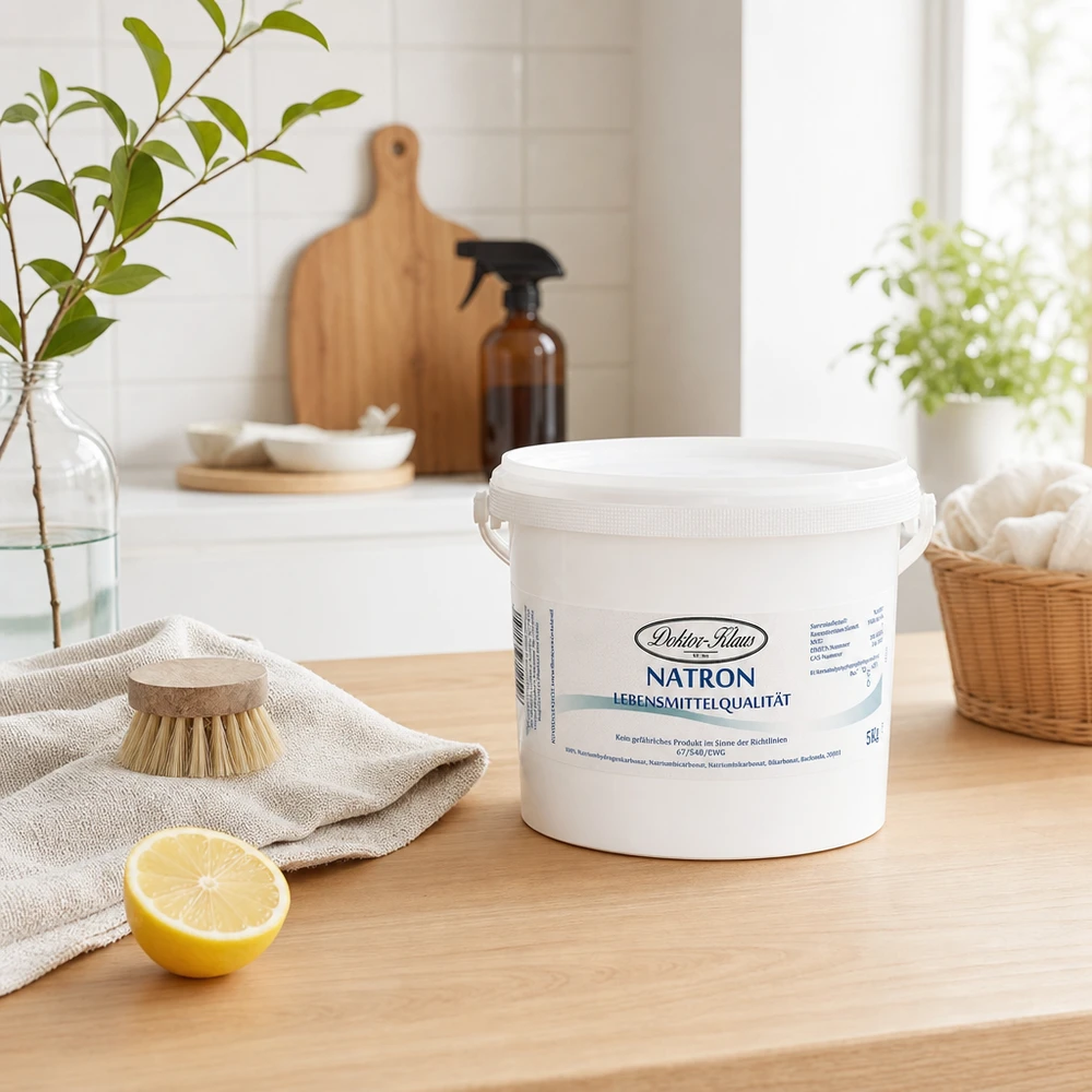 Bicarbonate de soude Doktor Klaus, seau de 5 kg, apte à l’utilisation alimentaire Bicarbonate de soude en gros 5kg de Doktor Klaus dans un seau blanc hygiénique sur plan de travail en bois