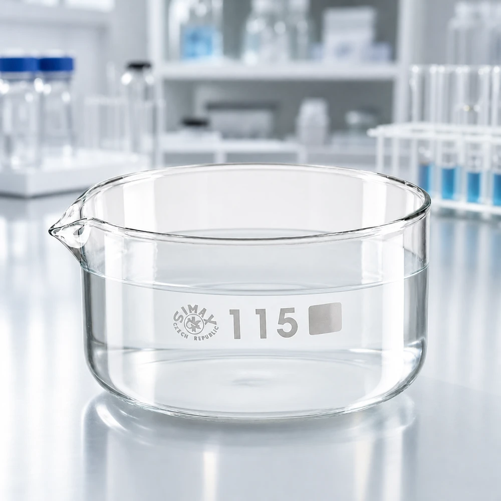 Coupelle de cristallisation 500 ml avec bec verseur Coupelle de laboratoire SIMAX 500 ml avec bec verseur, en verre borosilicaté transparent, profil bas, diamètre 115 mm