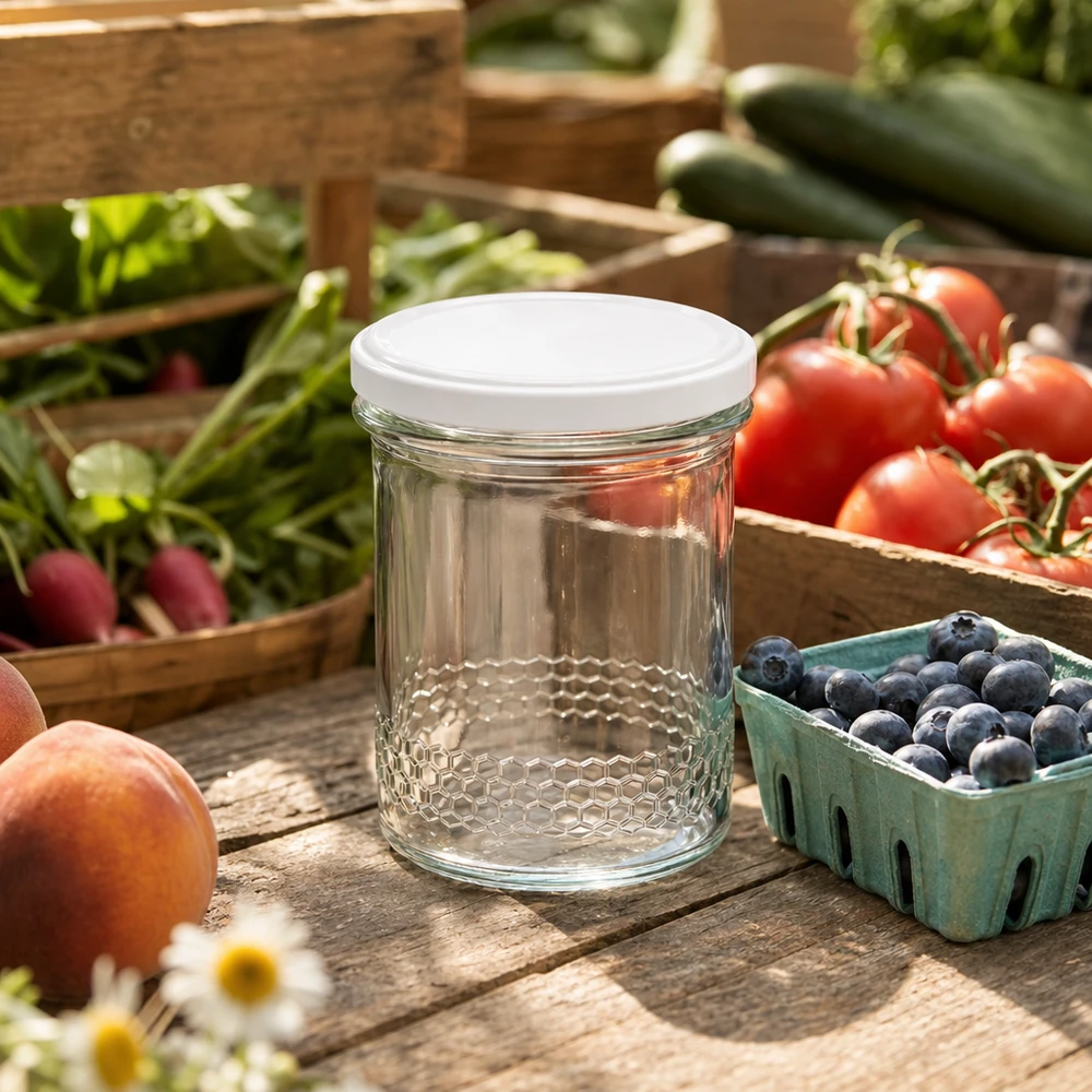Pot de miel de 400ml avec couvercle blanc sur table en bois entre fruits frais myrtilles tomates scène d'extérieur