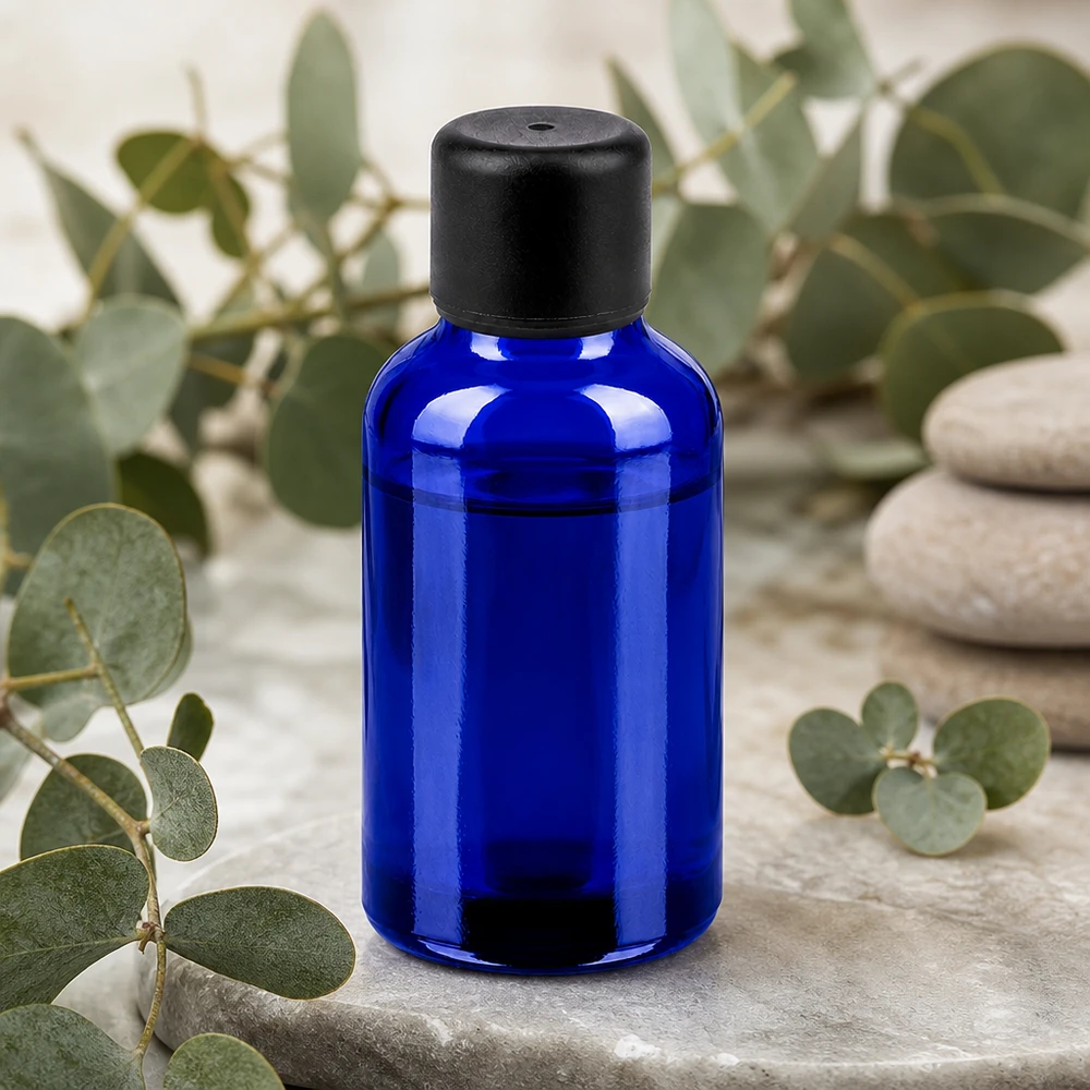 Flacon de 30ml 6mm SV noir STD BlueLine UT18/30 Bouteille bleue compacte de 30 ml avec un filetage de 6 mm, parfaite pour les cosmétiques et les huiles de bricolage.