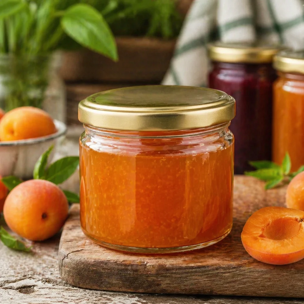 Pot de miel BasicSeal de 700g avec couvercle doré rempli de confiture d'abricots à côté d'abricots frais sur planche en bois