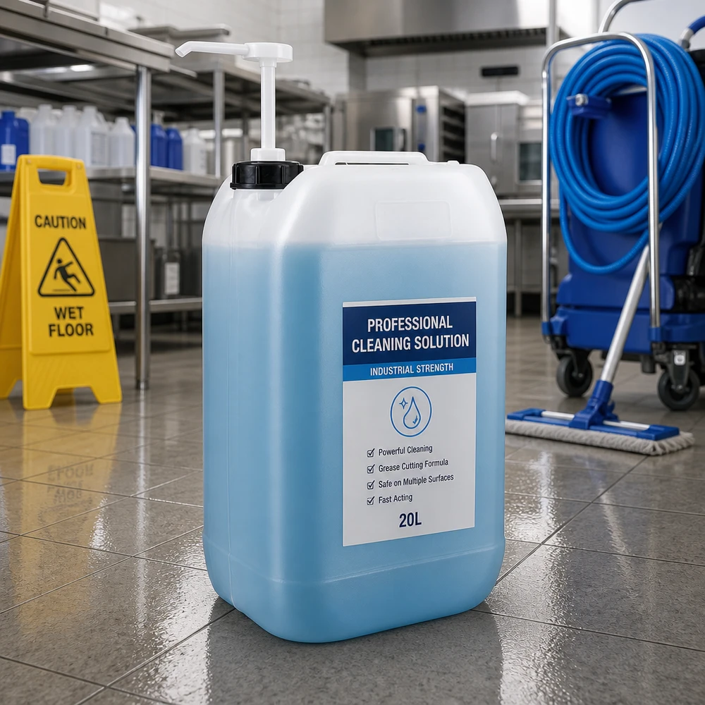 Bidon de produit nettoyant de 15 litres avec pompe doseuse, destiné à un usage professionnel dans la restauration et l'industrie