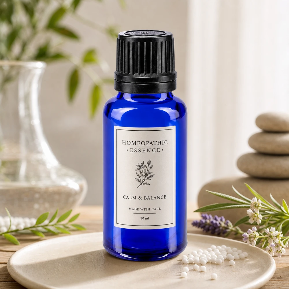 Flacon à pharmacie bleu 20ml bouchon à vis noir bague de coulée bouchon d'inviolabilité Petit flacon de pharmacie bleu de 20 ml contenant des granules et orné d'une décoration à base de plantes sur un support en bois
