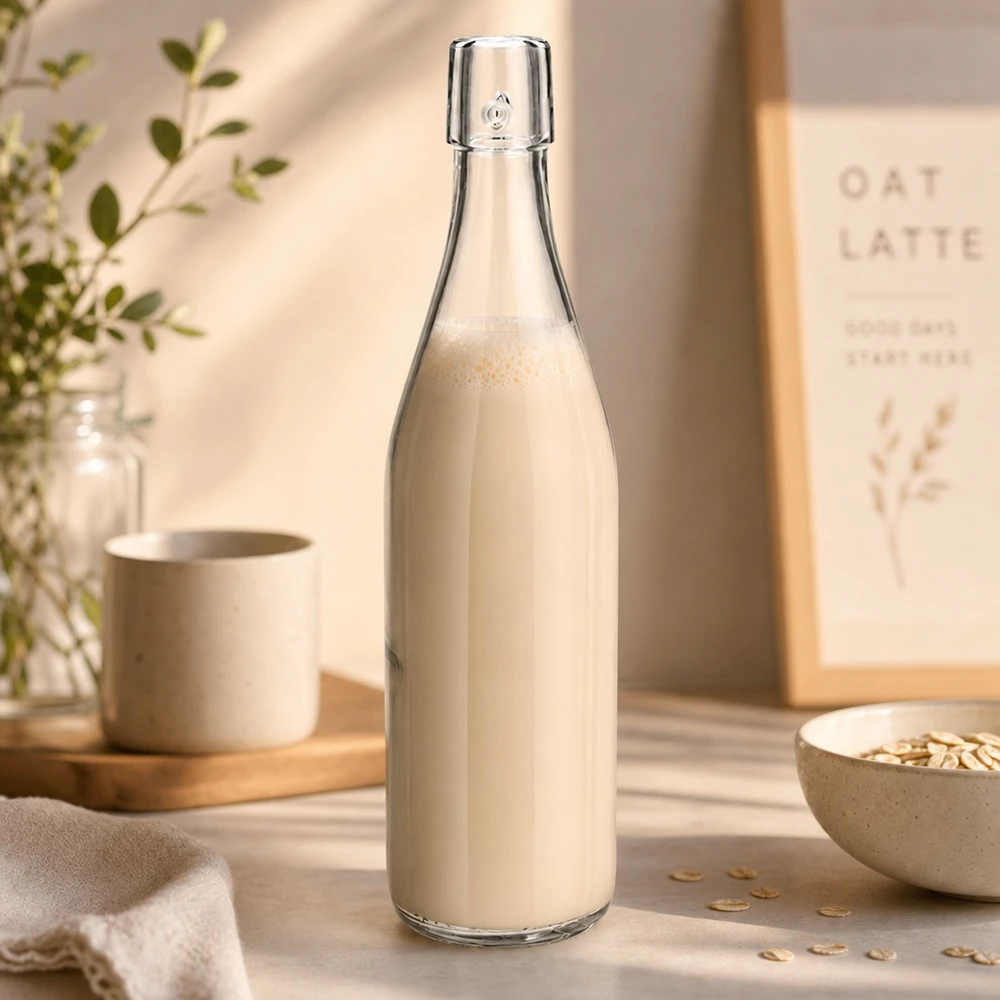 Bouteille en verre de 500 ml sans bouchon mécanique UNiTWIST Bouteille en verre de 500ml UNiTWIST remplie de lait d'avoine en cuisine naturelle avec des flocons d'avoine comme scène de style de vie sain