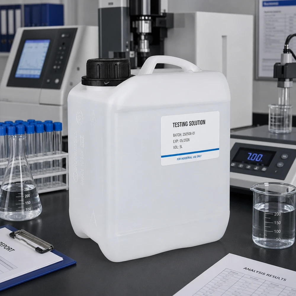 Bidon industriel de 2,5 L avec numéro de lot et date de péremption sur une étiquette à remplir
