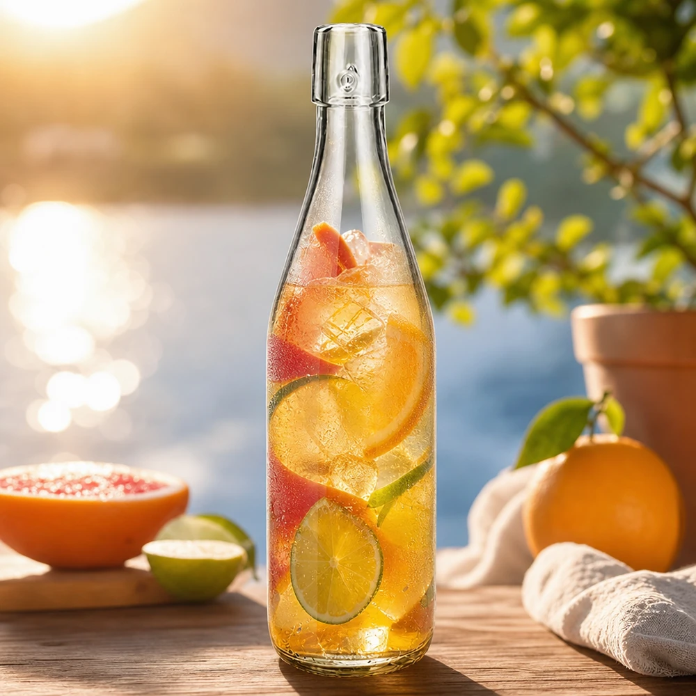 Bouteille en verre de 500 ml sans bouchon mécanique UNiTWIST Bouteille en verre de 500 ml UNiTWIST remplie de thé glacé et de fruits en plein air pour un rafraîchissement estival aux agrumes