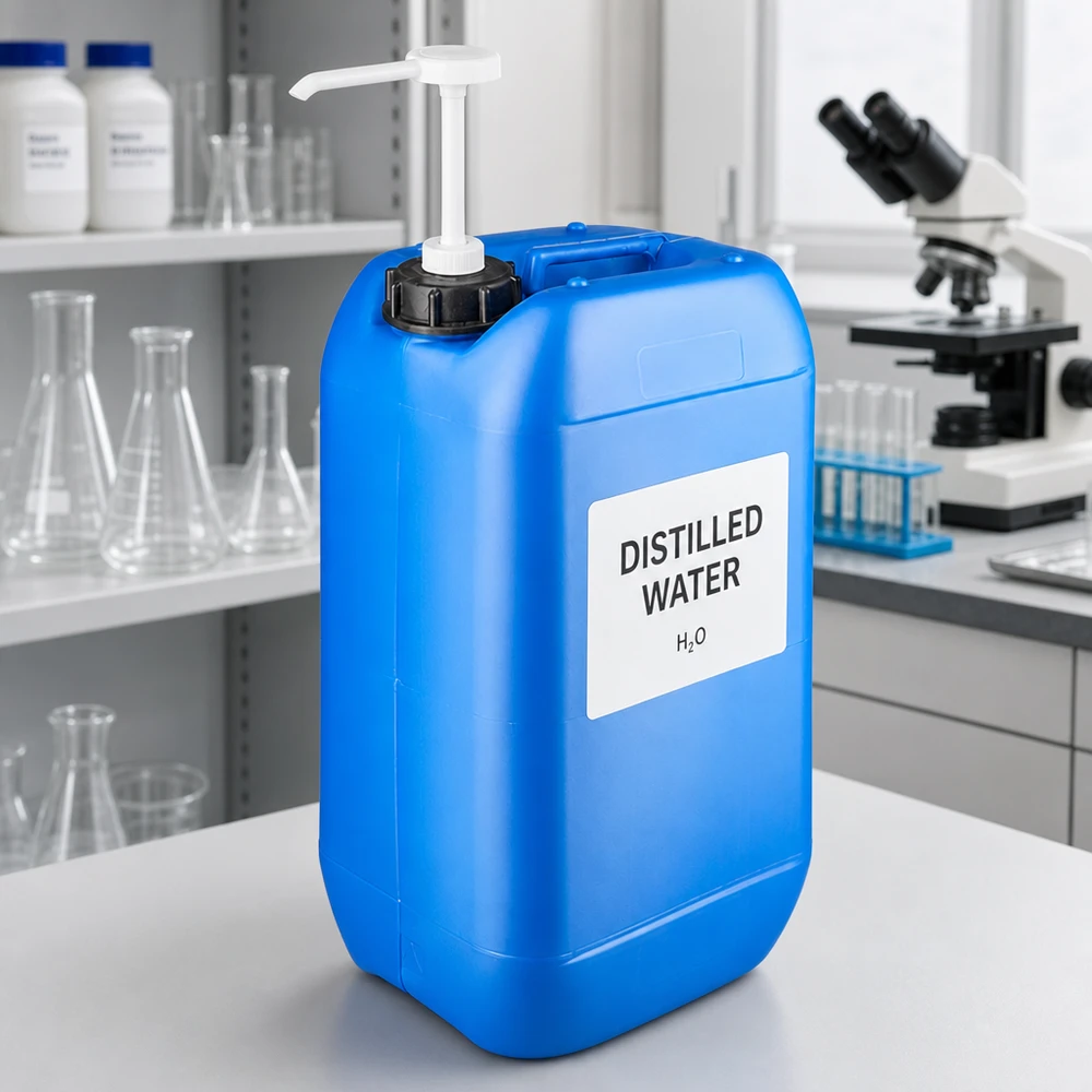 Grand réservoir bleu de 15 litres avec pompe blanche, destiné à un environnement de laboratoire professionnel