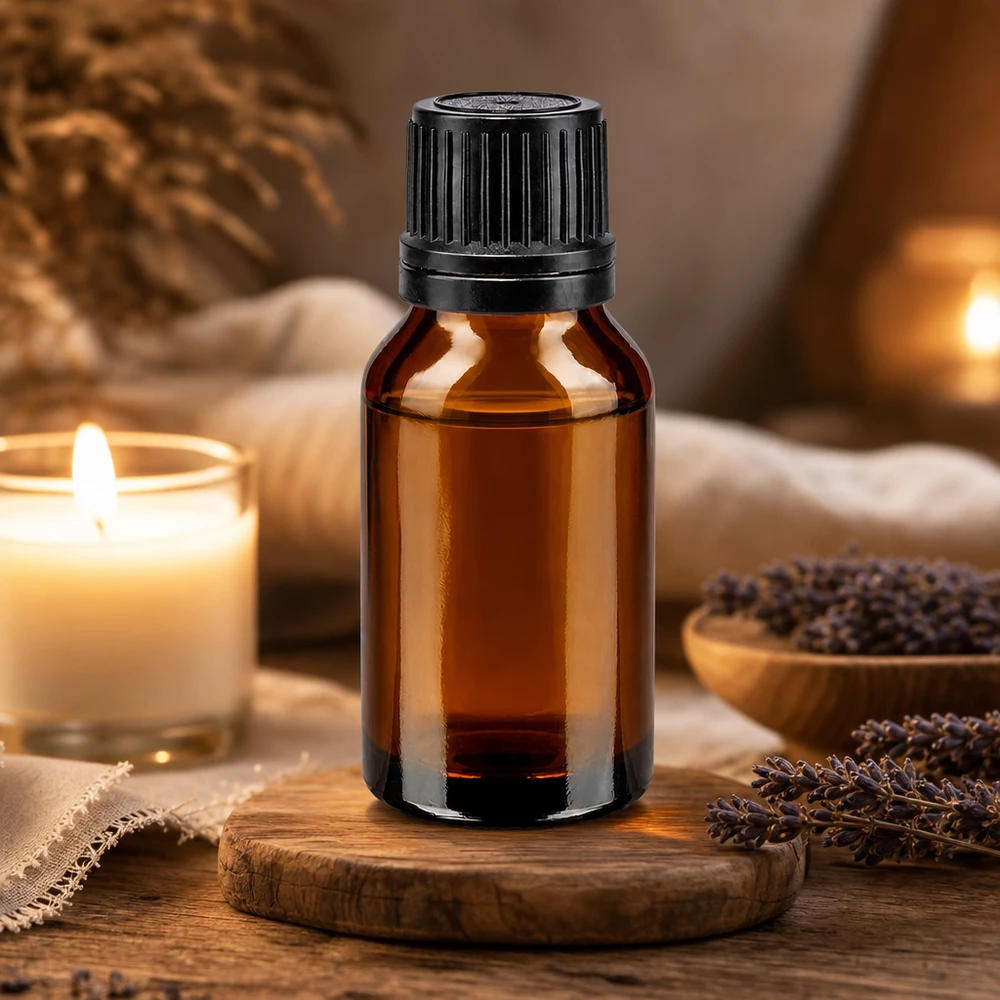 Flacon d'aromathérapie de 15 ml, couleur ambre, avec un bouchon noir, à côté de fleurs de lavande