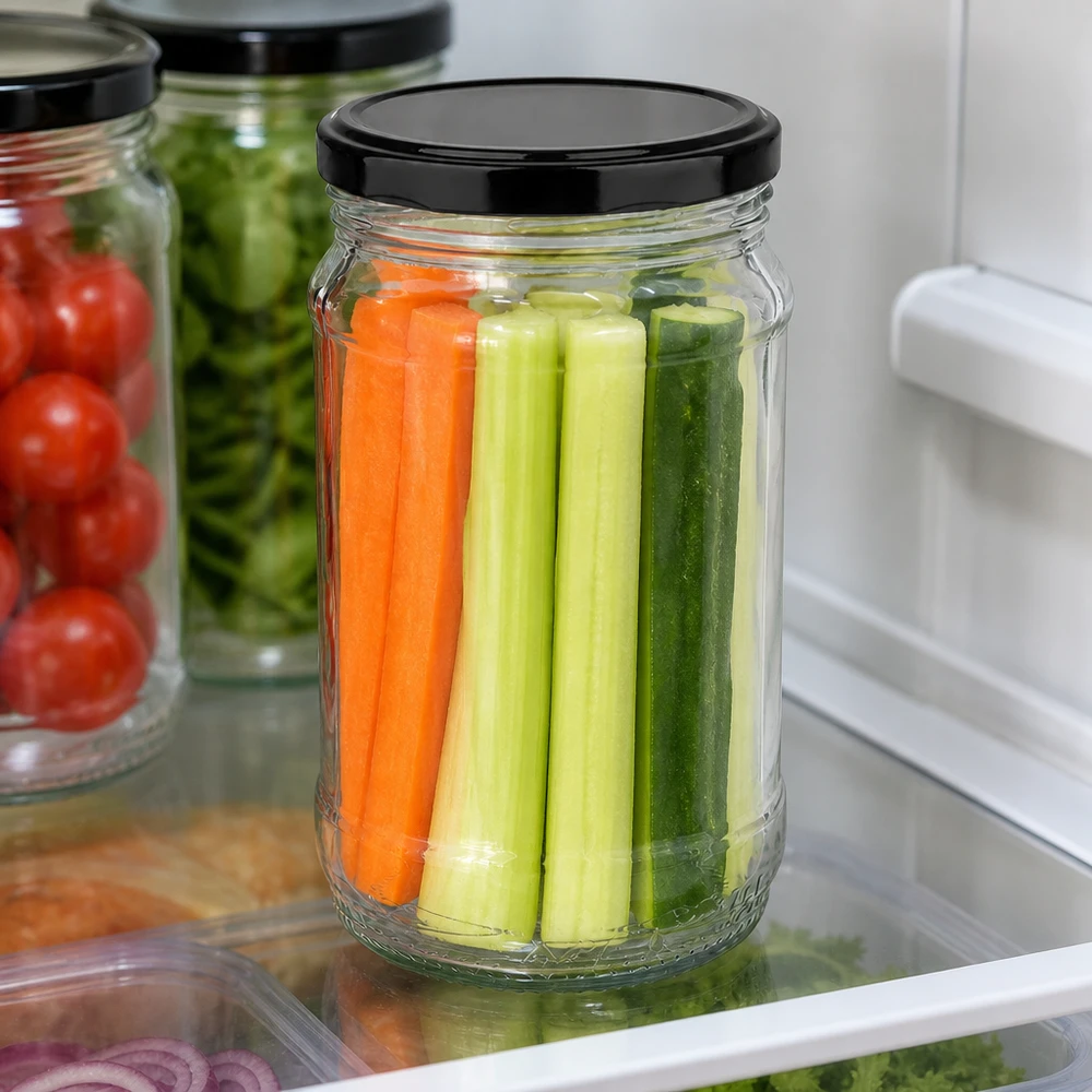 Boîte de conservation en verre de 370 ml avec couvercle noir à visser BasicSeal, pour des en-cas sains et la préparation des repas