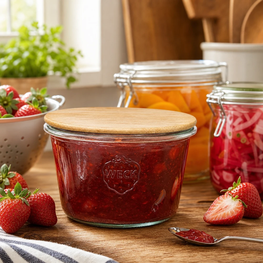 370ml bocal conique WECK RR100 avec couvercle en bois WECK RR100 Pot renversé rempli de confiture de fraises dans une ambiance de cuisine avec des fraises fraîches et des bocaux de conservation