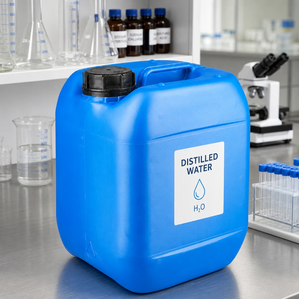 Bidon en plastique bleu de 5 litres avec bouchon OV, destiné à un usage professionnel en laboratoire