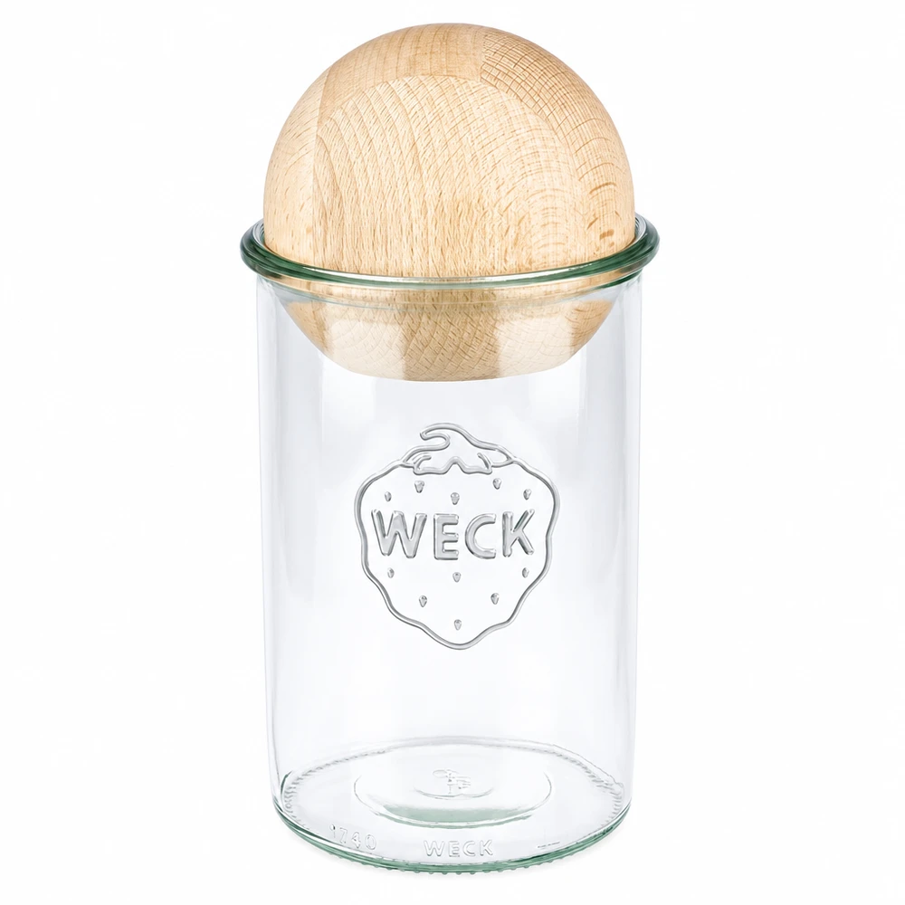 WECK Pot de 1000ml RR100 avec boule en bois de hêtre comme couvercle, pot de conserve avec logo sur fond blanc