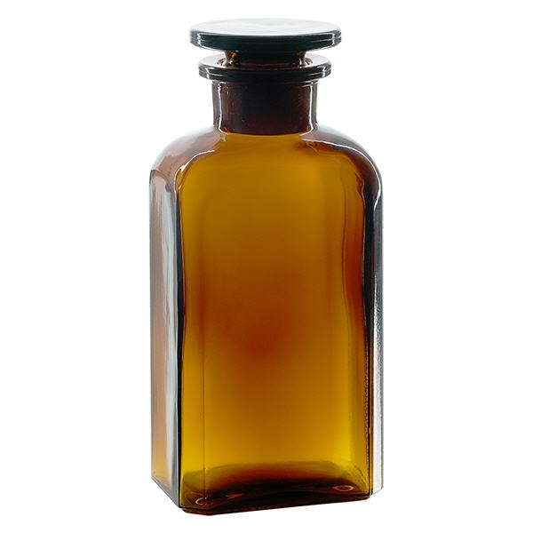 Flacon carré col large 250 ml + bouchon RIN, verre ambré Flacon carré col large 250 ml + bouchon RIN, verre ambré