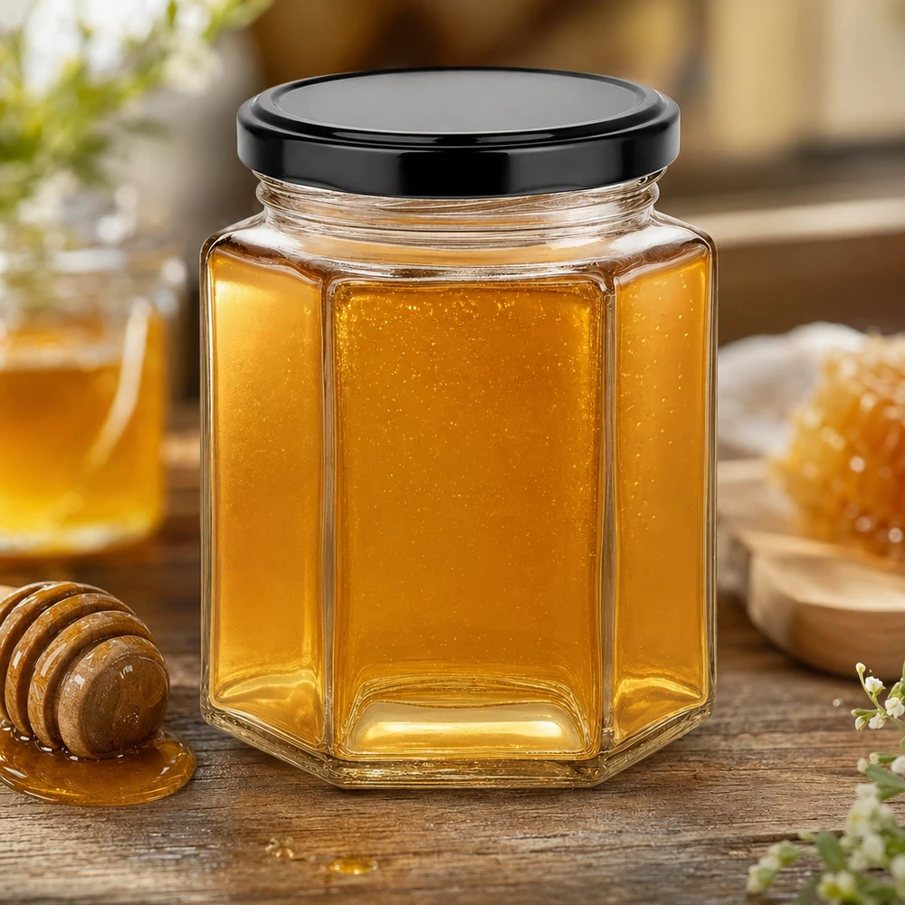 196ml Verre hexagonal avec couvercle BasicSeal noir UNiTWIST Verre hexagonal de 196 ml avec couvercle noir rempli de miel jaune doré sur table rustique en bois avec cuillère à miel et fleurs