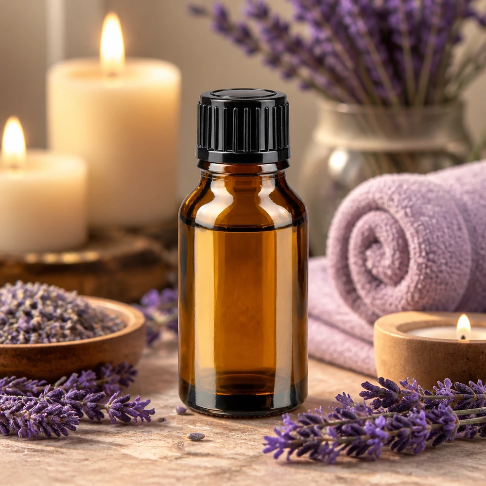 Flacon en verre brun 15ml avec bouchon à vis noir Flacon compte-gouttes marron de 15 ml avec bouchon noir pour huiles essentielles « Lavande Spa Ambiente »