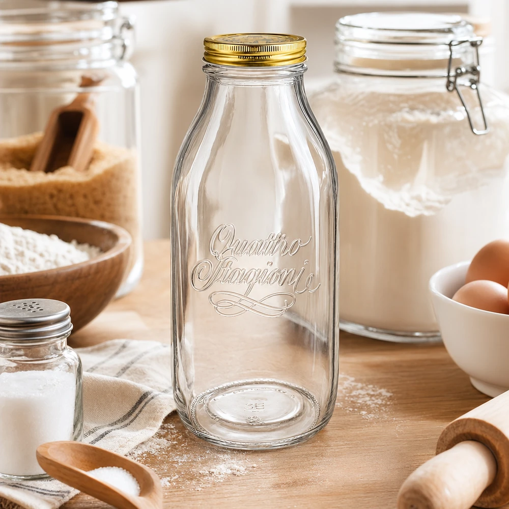Bouteille en verre 1000ml « Quattro Stagioni » avec couvercle Bouteille en verre Quattro Stagioni 1000ml arrangée dans une cuisine rustique avec des ingrédients de boulangerie, de la farine, des œufs et des ustensiles en bois