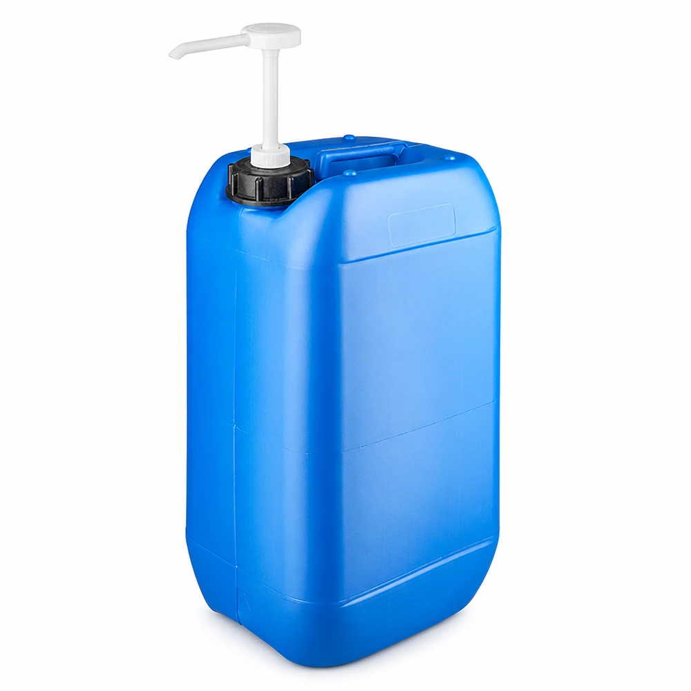 Bidon rectangulaire en PEHD de 15 L, de couleur bleue, équipé d'une pompe de distribution pratique pour les liquides