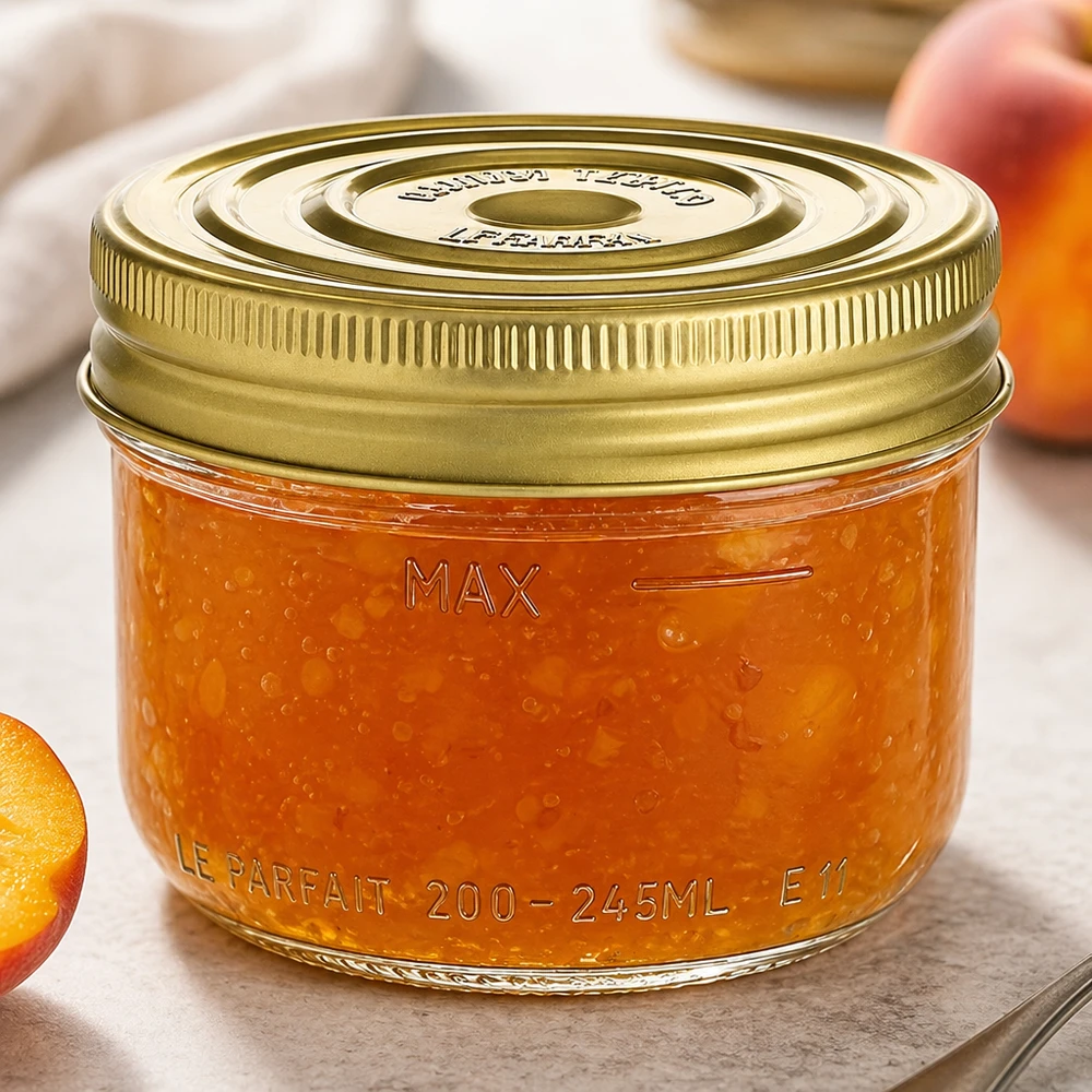 245ml pot à vis Familia Wiss avec couvercle doré rempli de confiture orange sur table en bois
