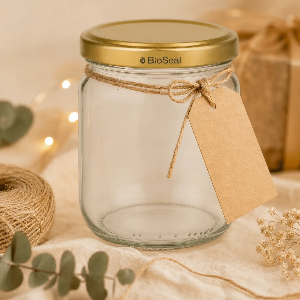 Pot de miel vide BioSeal 500g avec étiquette cadeau et ficelle de jute décorative arrangée avec des fleurs séchées