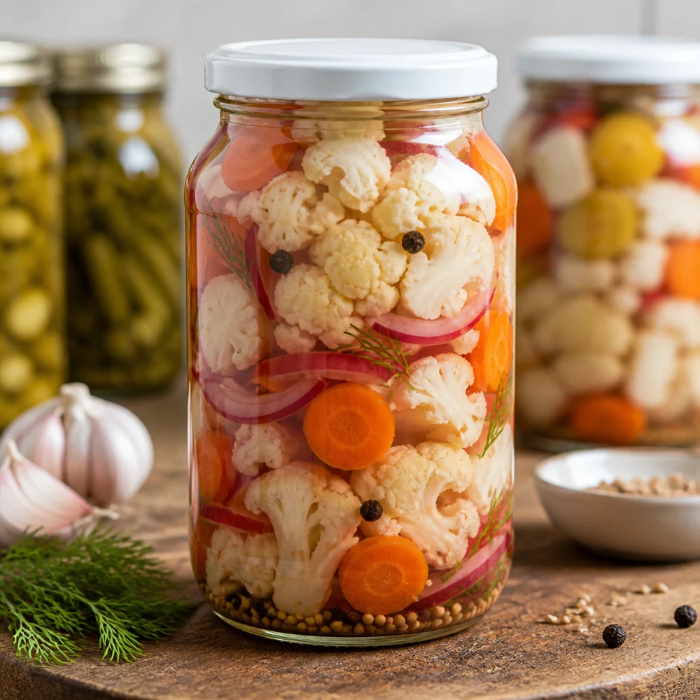 1062ml Bocal rond BasicSeal Couvercle avec légumes marinés Chou-fleur Carottes Mixed Pickles Bocal de conservation
