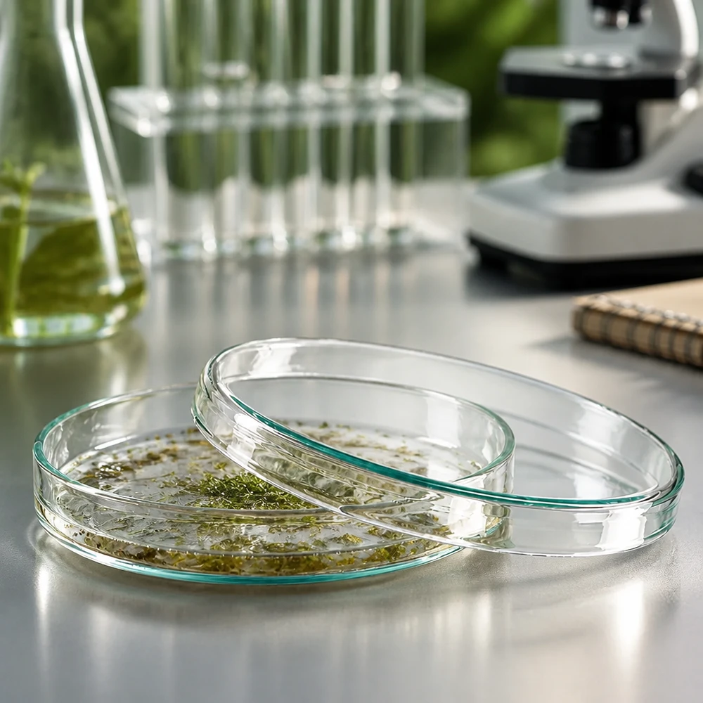Boîte de Pétri en verre de 100 x 15 mm, ouverte, contenant un échantillon botanique dans un laboratoire de biologie