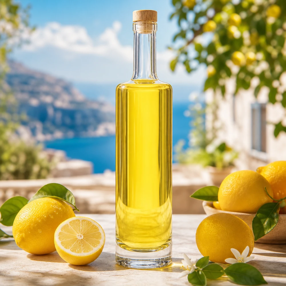 Bouteille en verre Lina de 500 ml avec bouchon en bois remplie de Limoncello jaune entre des citrons frais décor méditerranéen