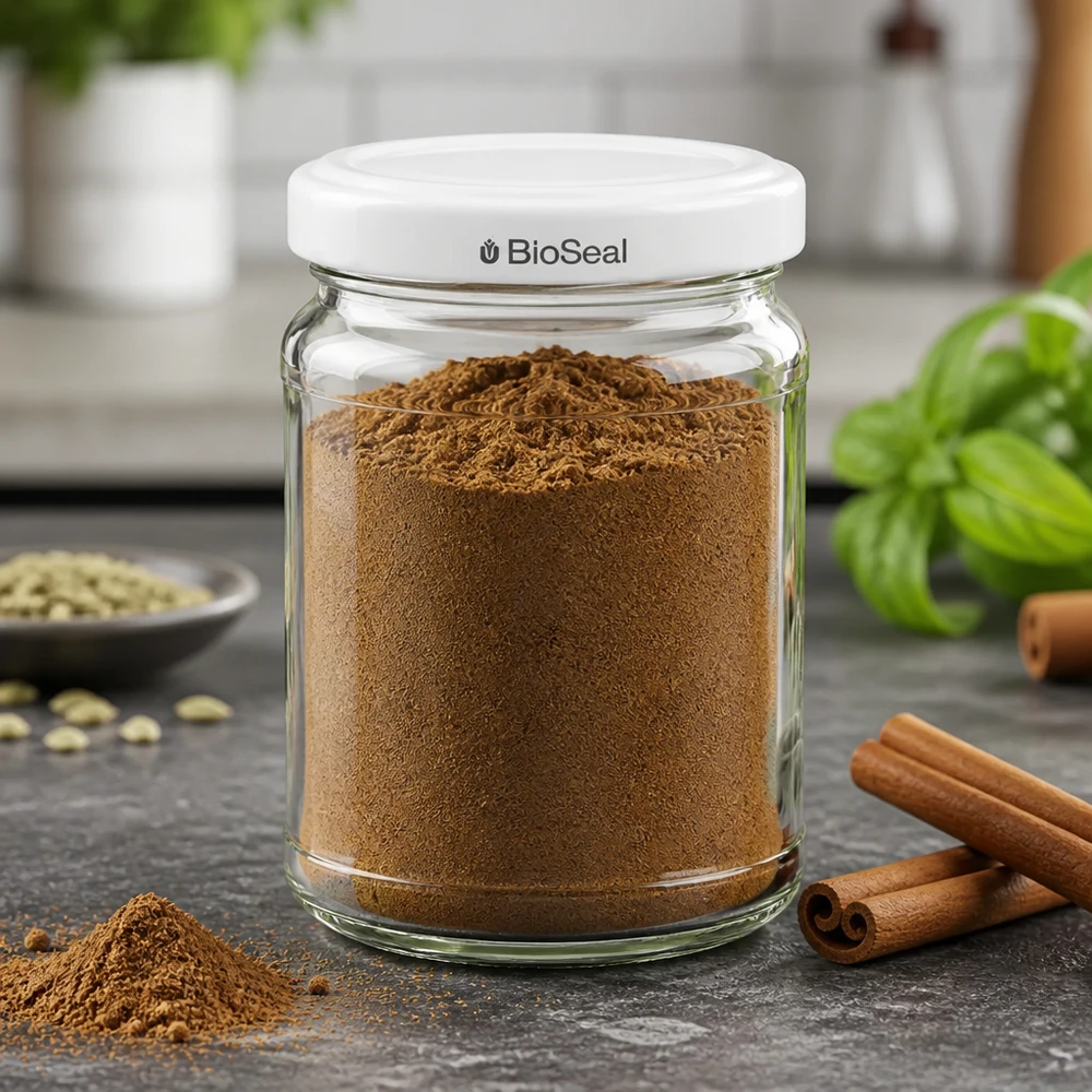 UNiTWIST Runda205 Bocal rempli de cannelle en poudre et TO58 BioSeal Couvercle dans environnement de cuisine avec bâtons de cannelle
