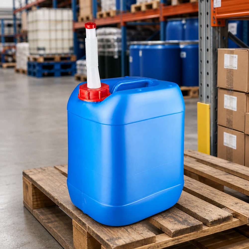 Bidon de produits chimiques de 20 litres avec bouchon à vis rouge et tube de remplissage souple bleu